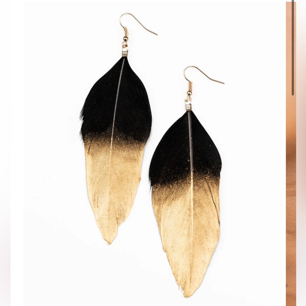 New Paparazzi Fleek Feathers Black with Gold Dip Hook Earrings